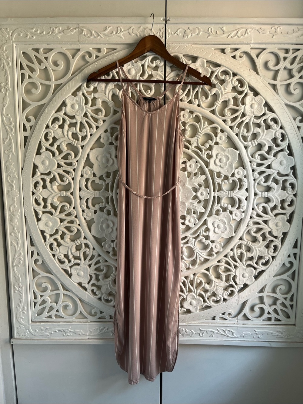 RW&CO Blush Pink Striped Midi Dress Side Slit Tie Back Flowy XS